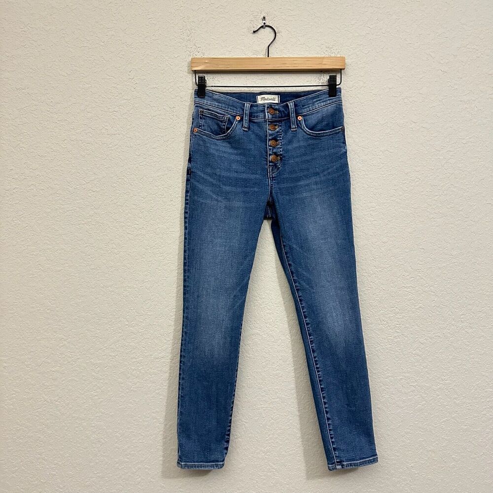 MADEWELL 9” Mid Rise Skinny Crop Jeans Button Front Tencel Stretch in Blue